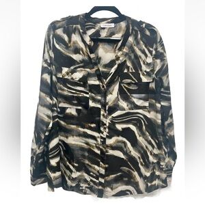 Women’s Calvin Klein Brown Black Sheer Watercolor Tunic Animal Print Top Large